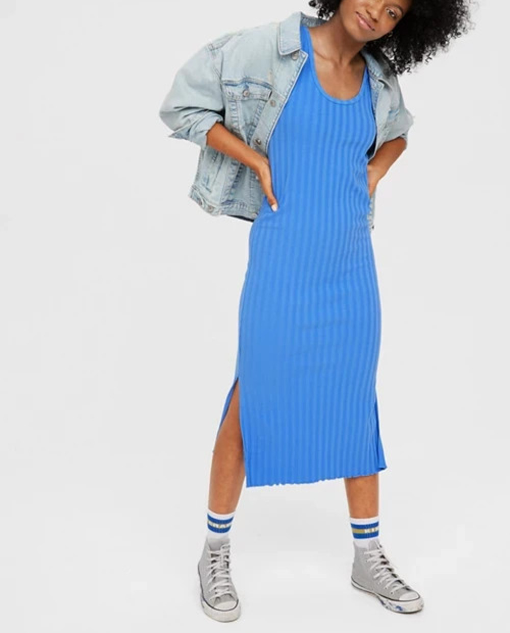 Offline Aerie Midi Dress Blue Ribbed Bodycon Y2k Tank Side Slits Beach L A010156